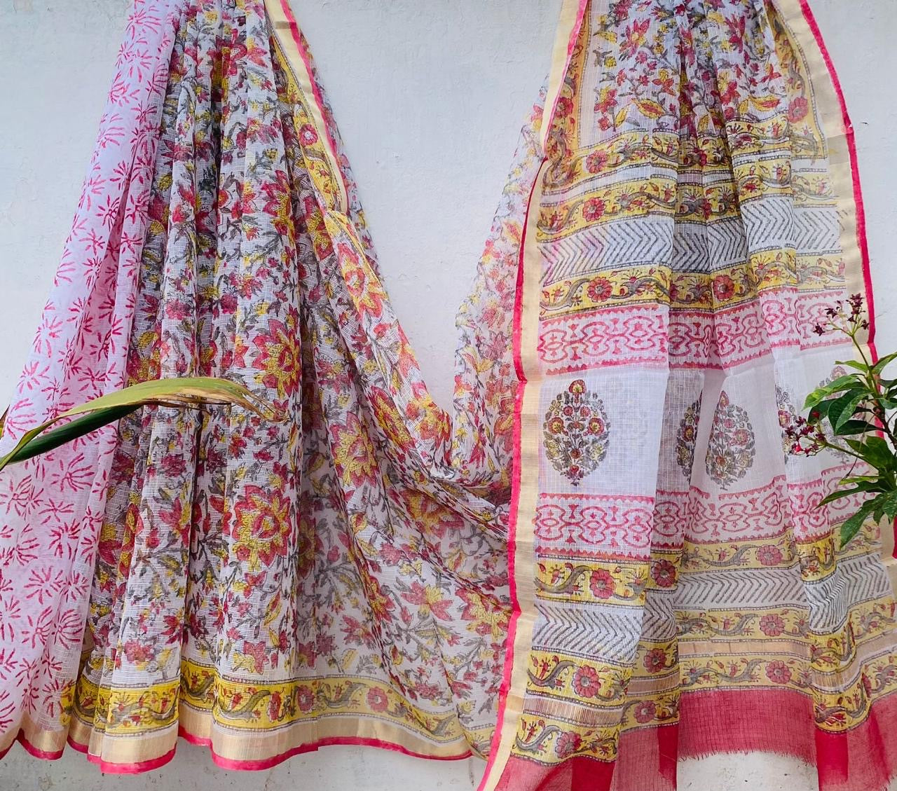 Graceful Weaves hand block printed kota doriya sarees with zari border