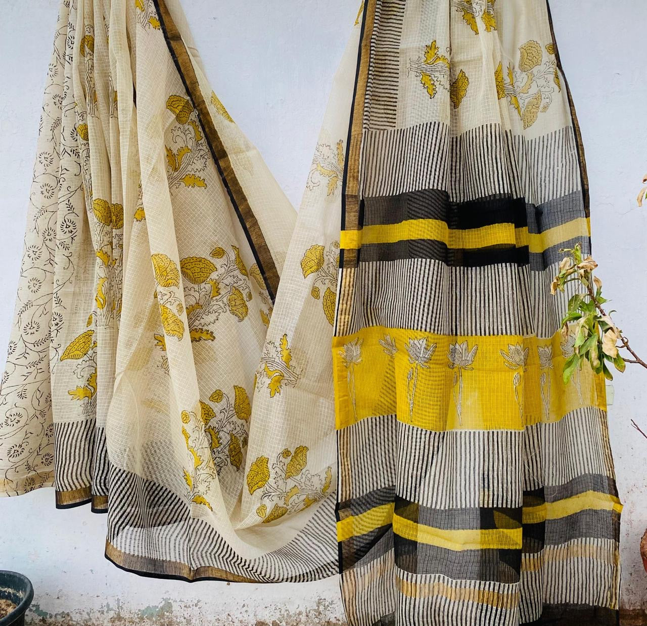 Graceful Weaves hand block printed kota doriya sarees with zari border