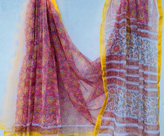 Graceful Weaves hand block printed kota doriya sarees with zari border