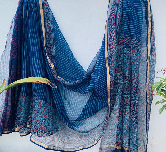 Graceful Weaves hand block printed kota doriya sarees with zari border