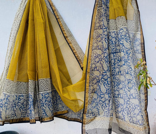 Graceful Weaves hand block printed kota doriya sarees with zari border