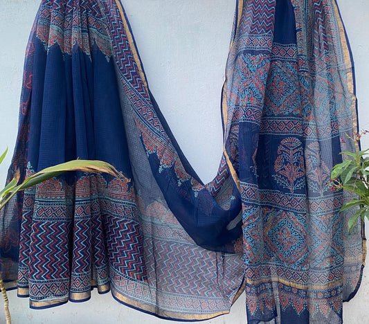 Graceful Weaves hand block printed kota doriya sarees with zari border