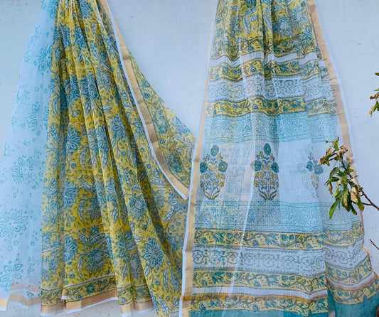 Graceful Weaves hand block printed kota doriya sarees with zari border