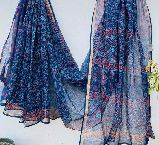 Graceful Weaves hand block printed kota doriya sarees with zari border